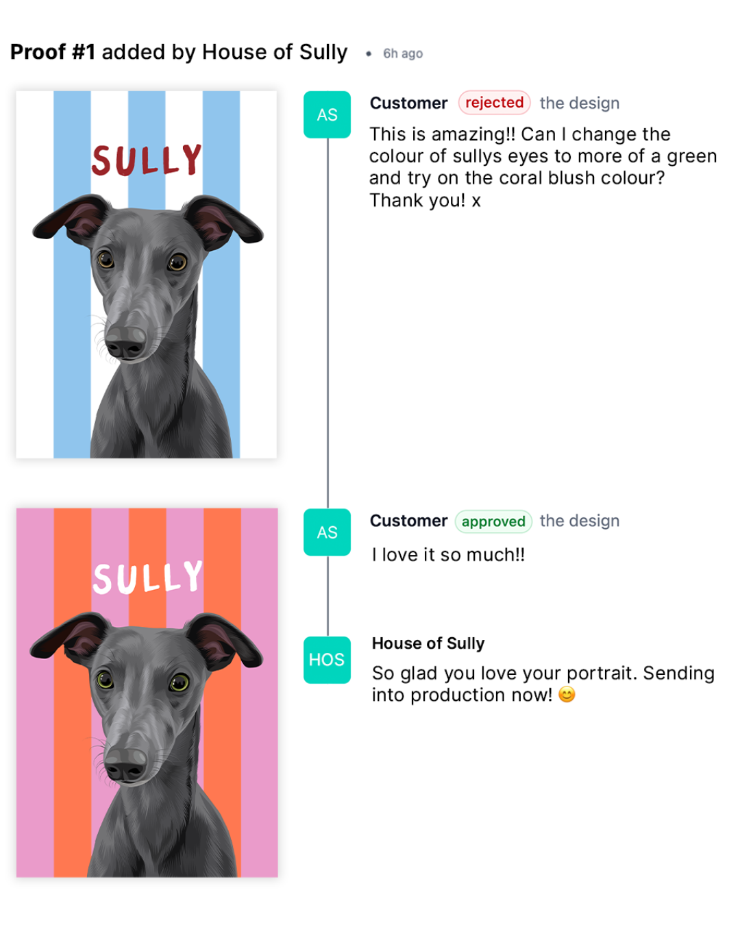 A digital mockup showing two versions of a custom pet portrait design for a greyhound dog named 'Sully'. The top version shows the design with blue and white stripes, and the bottom version shows it with pink and orange stripes.
