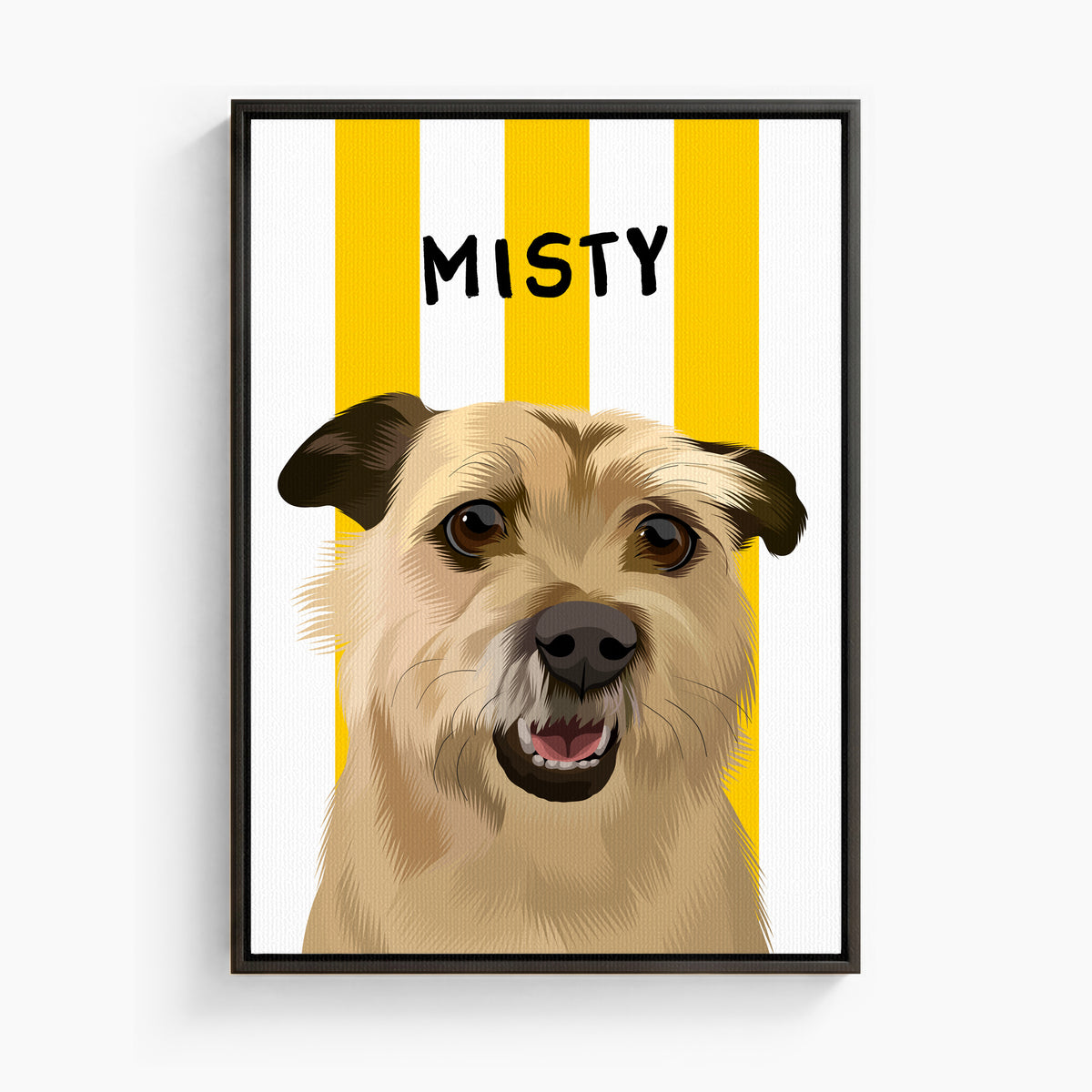 Stripy custom pet portrait canvas in Beach Ball Yellow, black frame