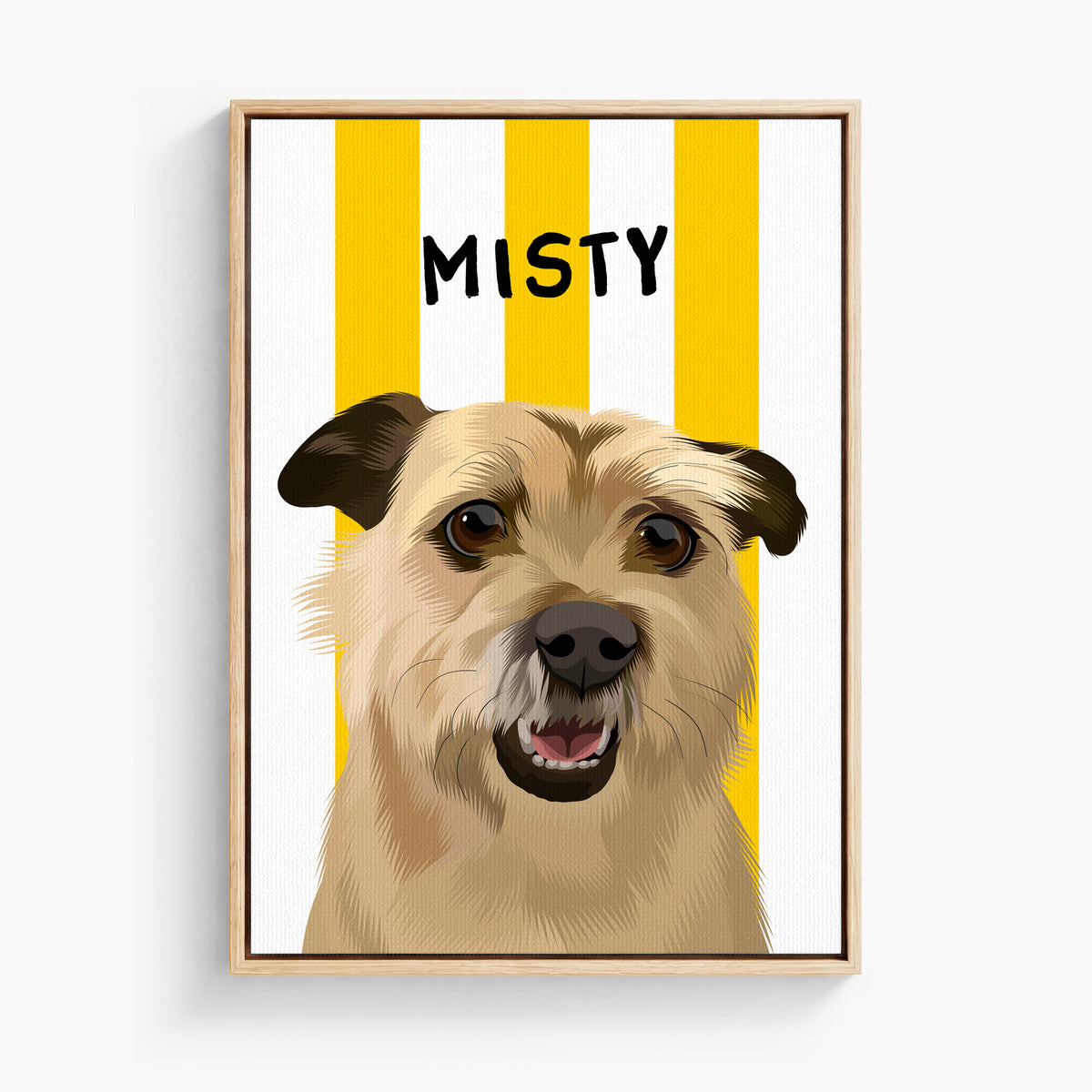 Stripy custom pet portrait canvas in Beach Ball Yellow, light wood frame