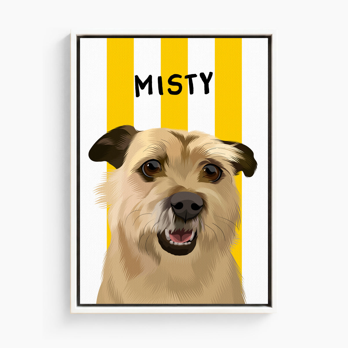 Stripy custom pet portrait canvas in Beach Ball Yellow, white frame