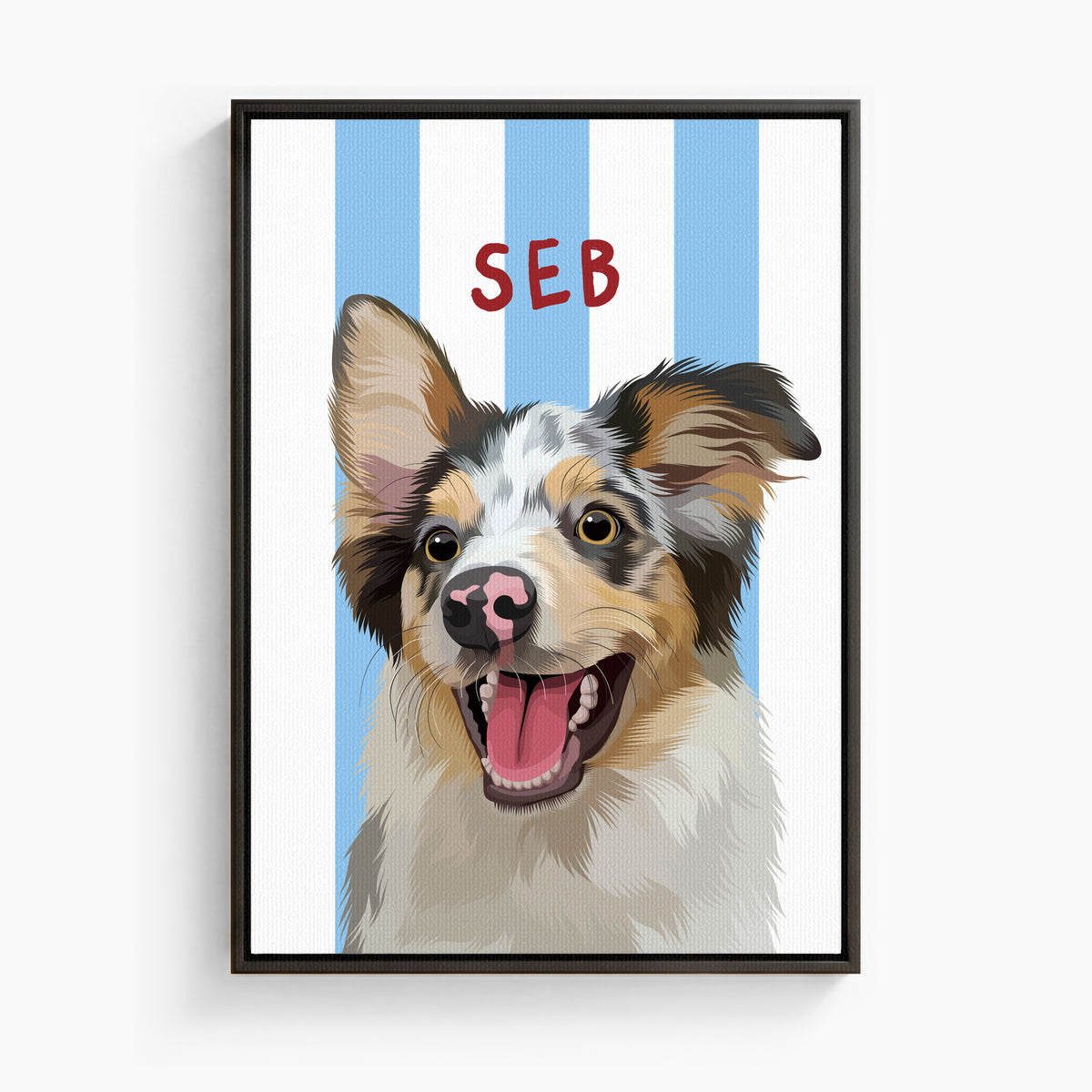 Stripy custom pet portrait canvas in Beach Blue, black frame