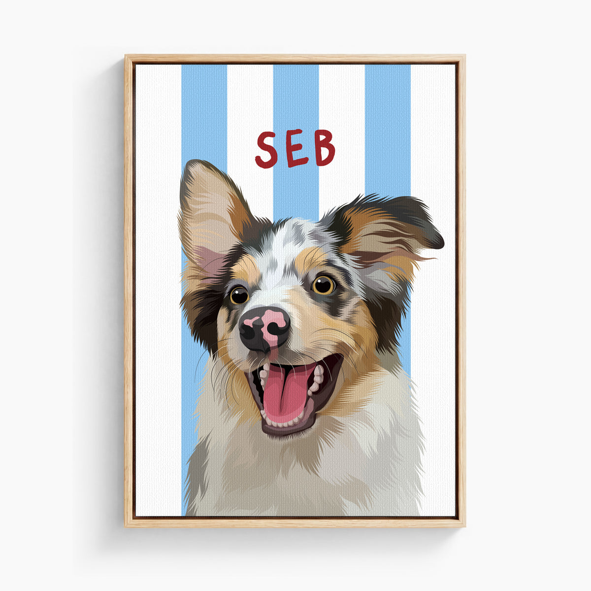 Stripy custom pet portrait canvas in Beach Blue, light wood frame