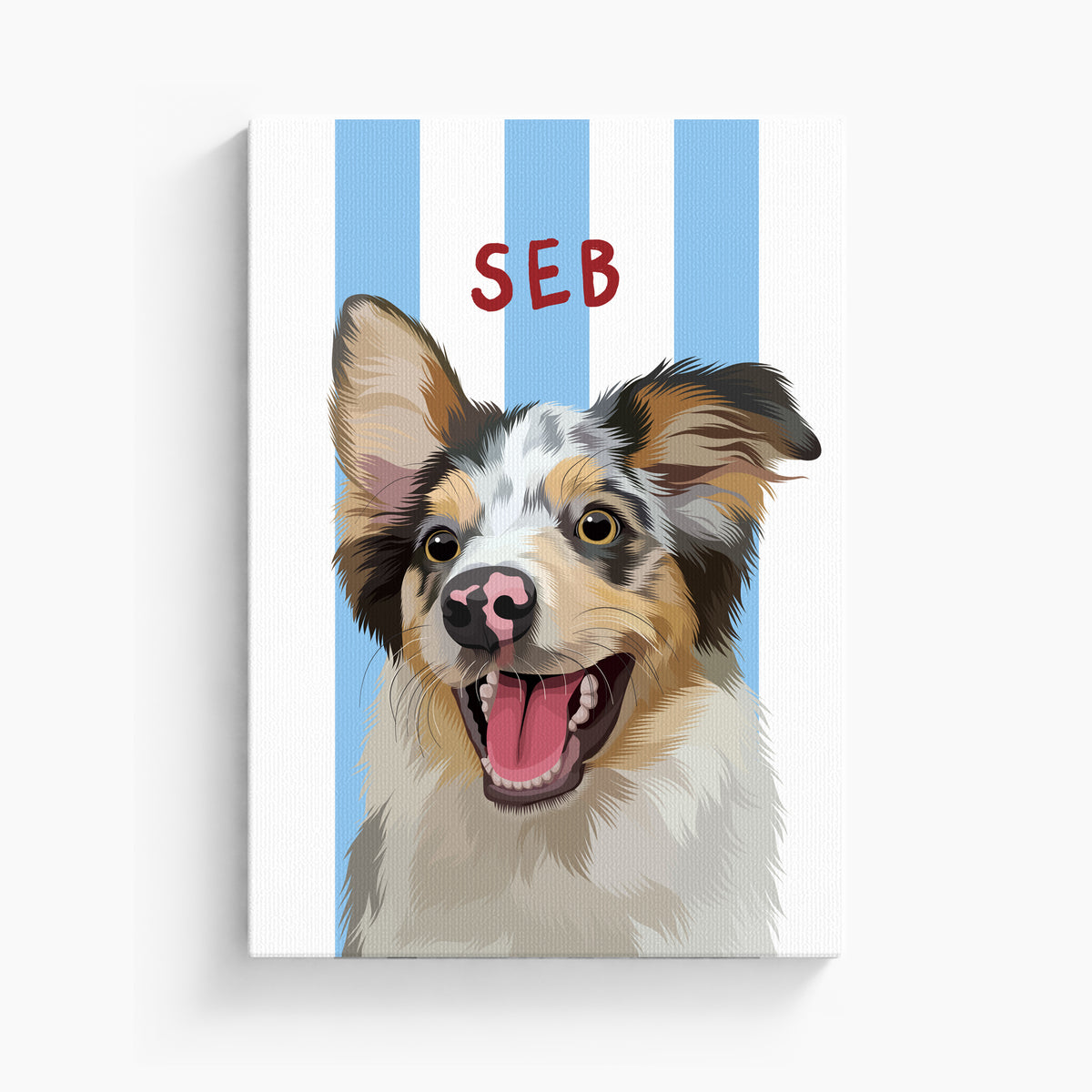 Stripy custom pet portrait canvas in Beach Blue, unframed