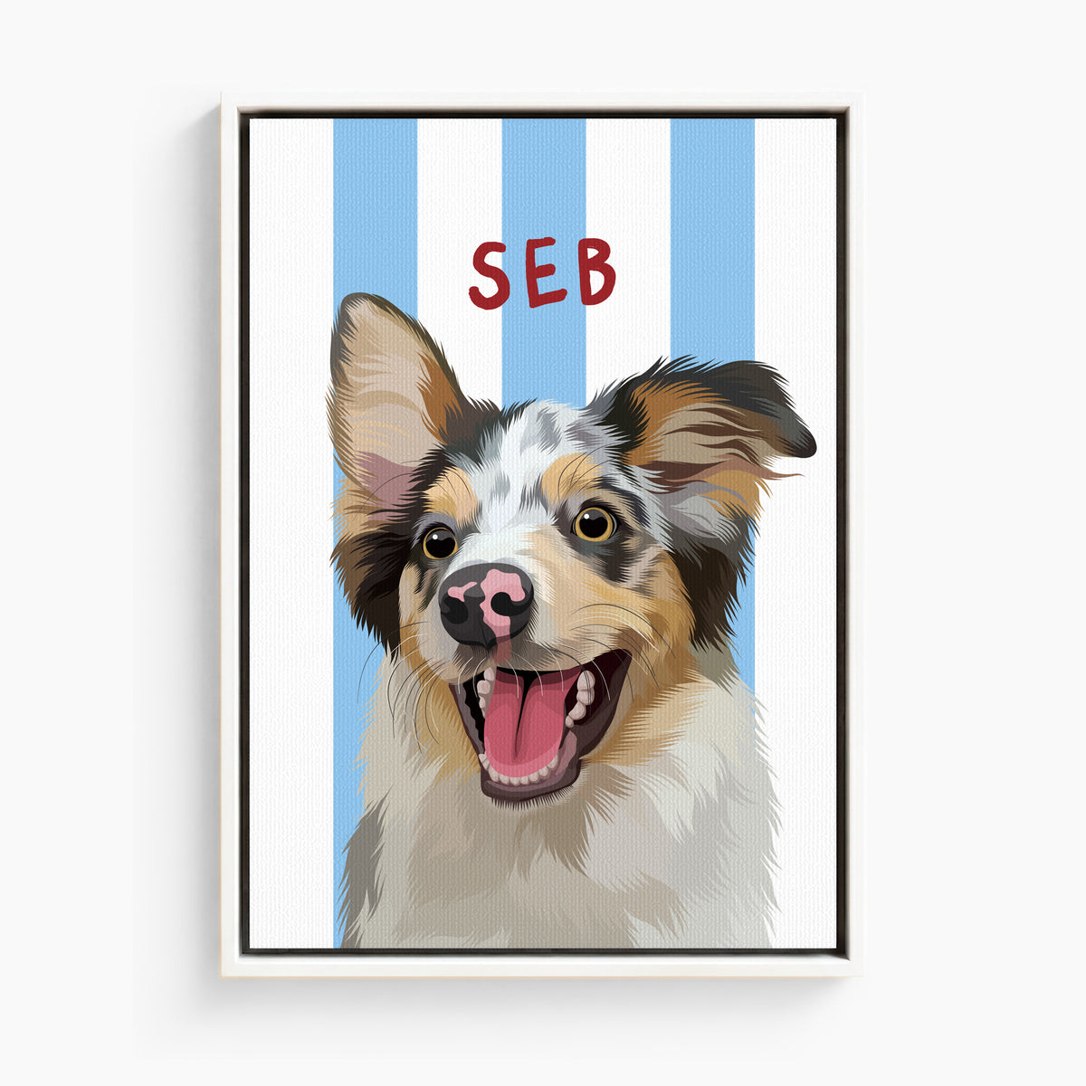 Stripy custom pet portrait canvas in Beach Blue, white frame