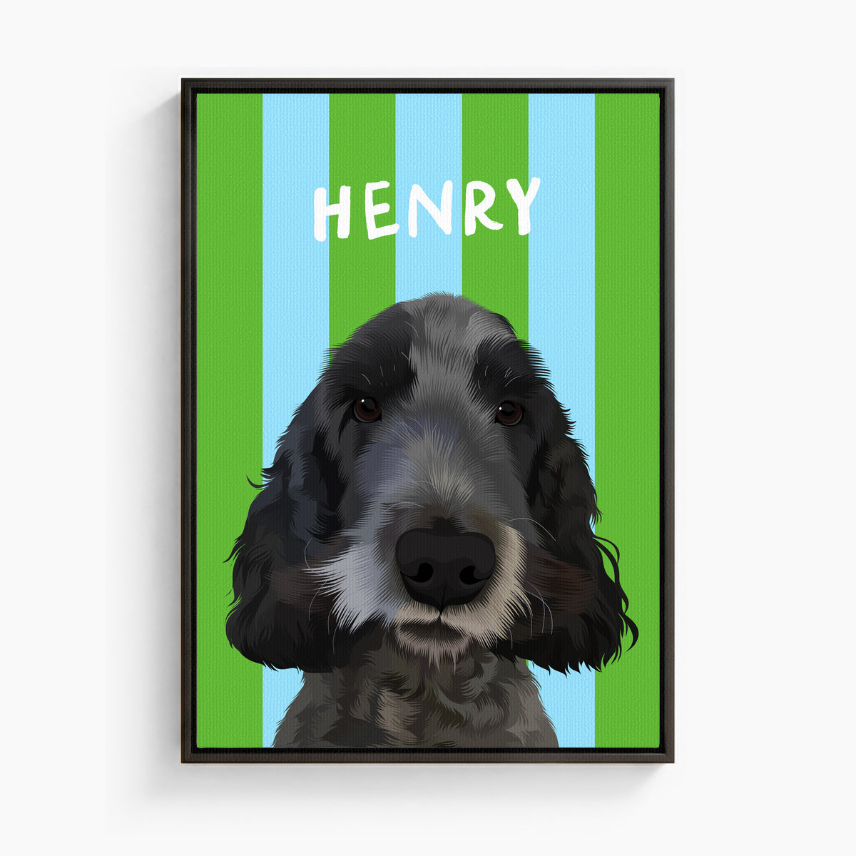Stripy custom pet portrait canvas in Green & Sky Blue, black frame