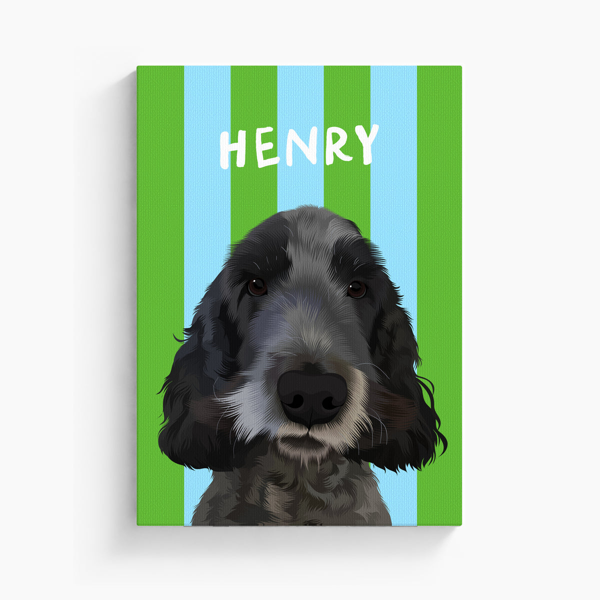 Stripy custom pet portrait canvas in Green & Sky Blue, unframed