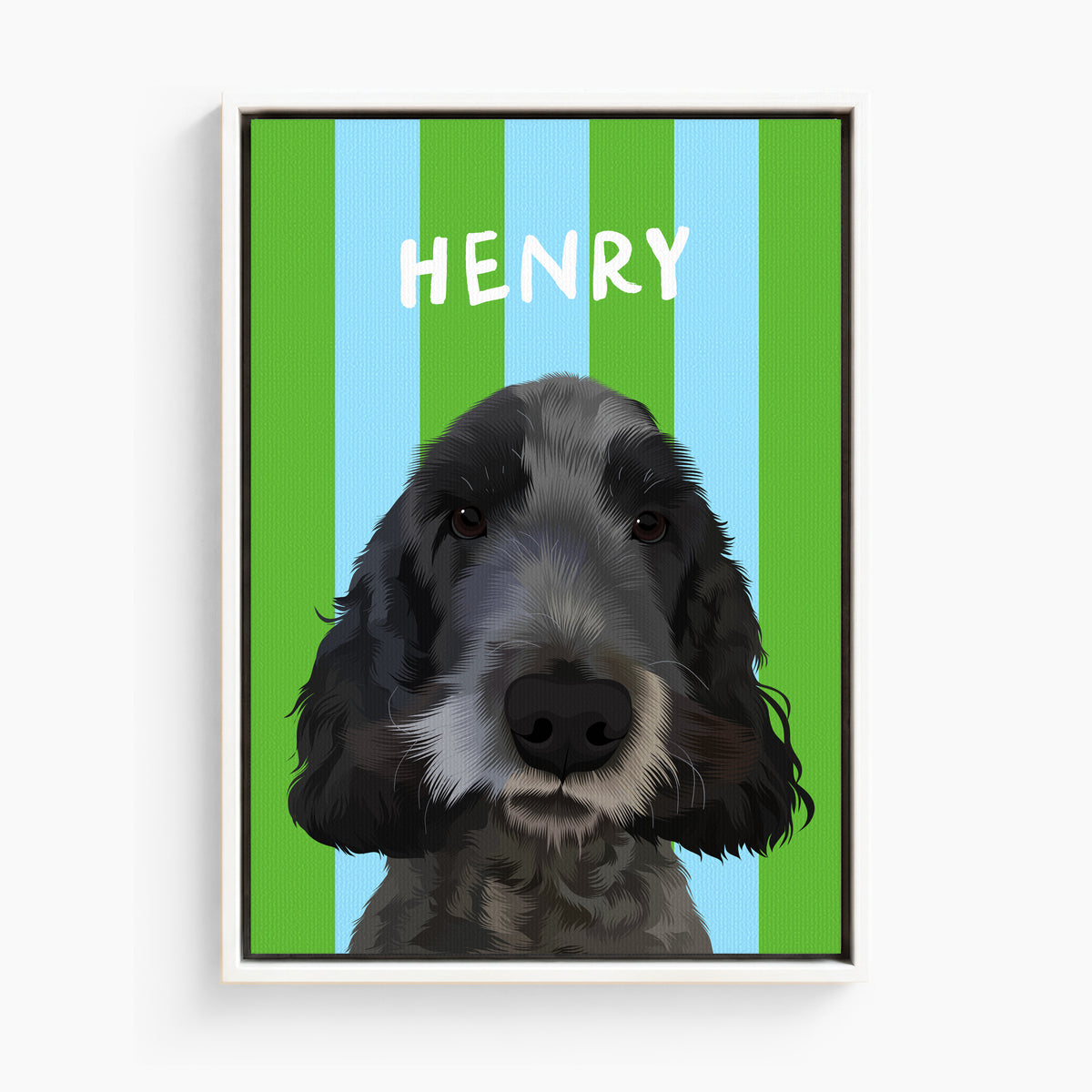 Stripy custom pet portrait canvas in Green & Sky Blue, white frame
