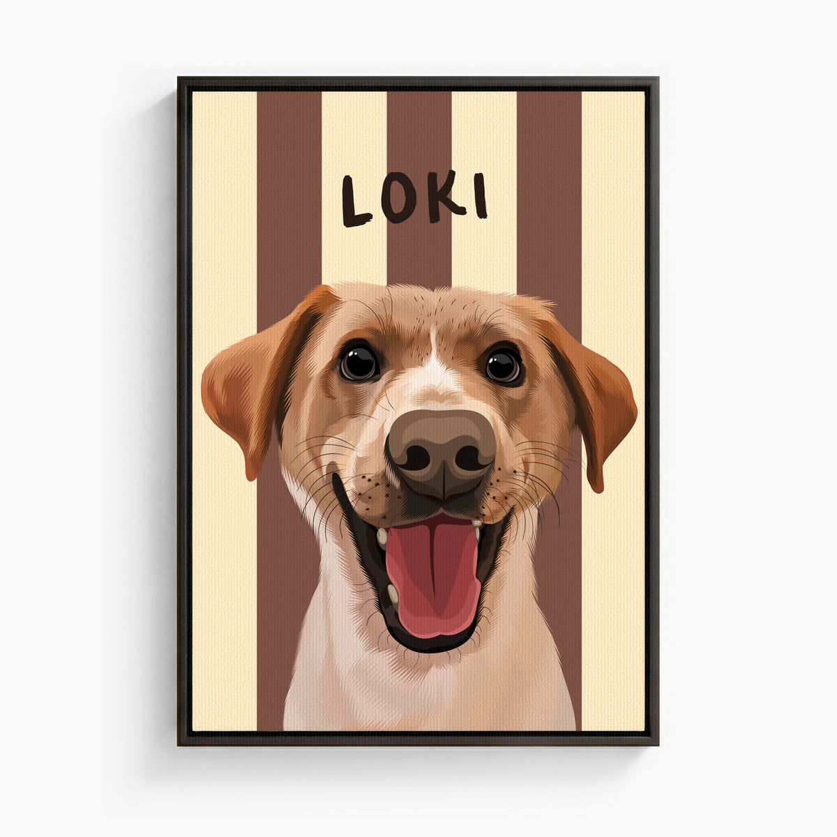 Stripy custom pet portrait canvas in Sand Beige, black frame