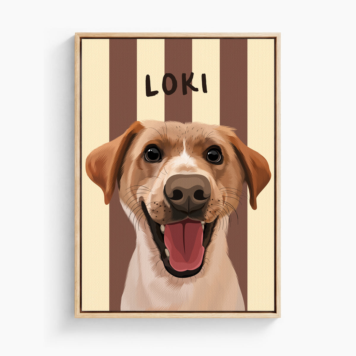 Stripy custom pet portrait canvas in Sand Beige, light wood frame