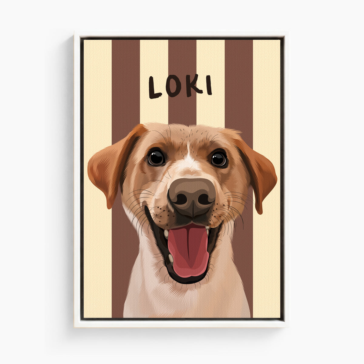 Stripy custom pet portrait canvas in Sand Beige, white frame