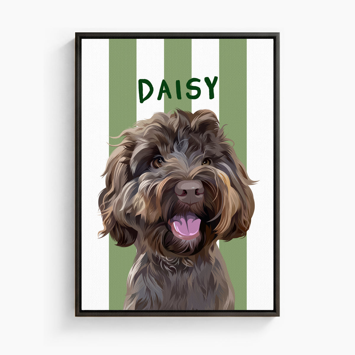 Stripy custom pet portrait canvas in Seaweed Green, black frame