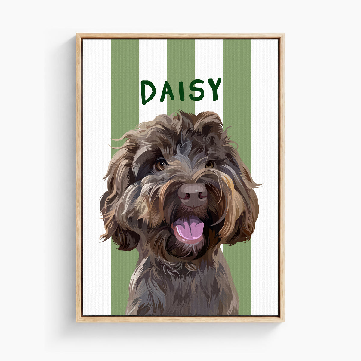 Stripy custom pet portrait canvas in Seaweed Green, light wood frame