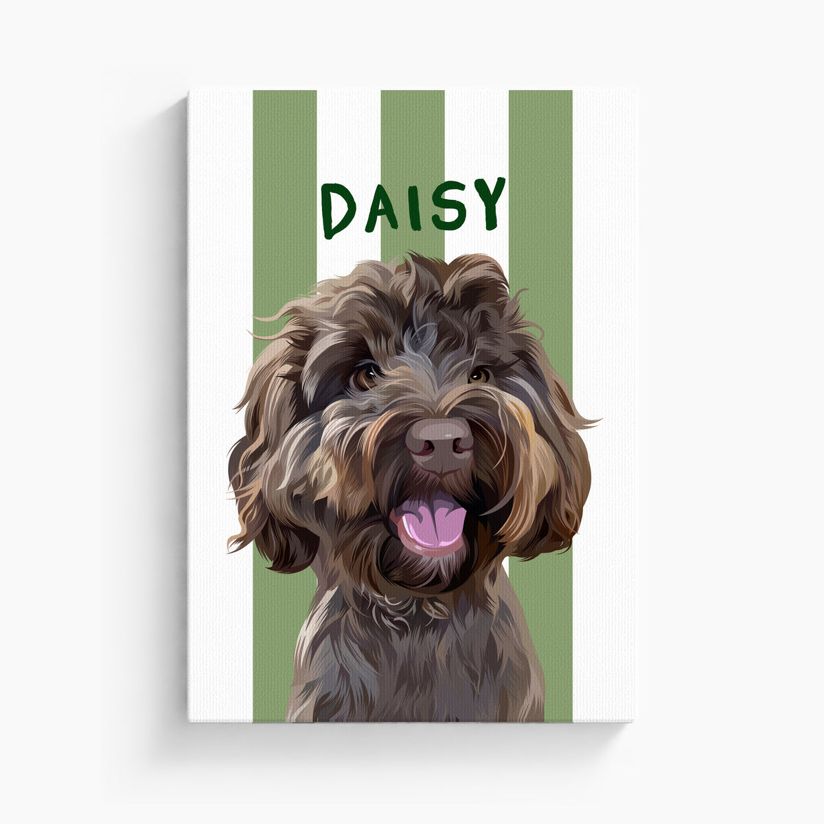 Stripy custom pet portrait canvas in Seaweed Green, unframed