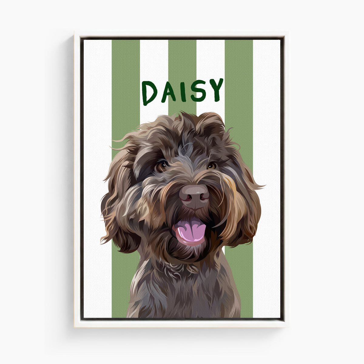 Stripy custom pet portrait canvas in Seaweed Green, white frame