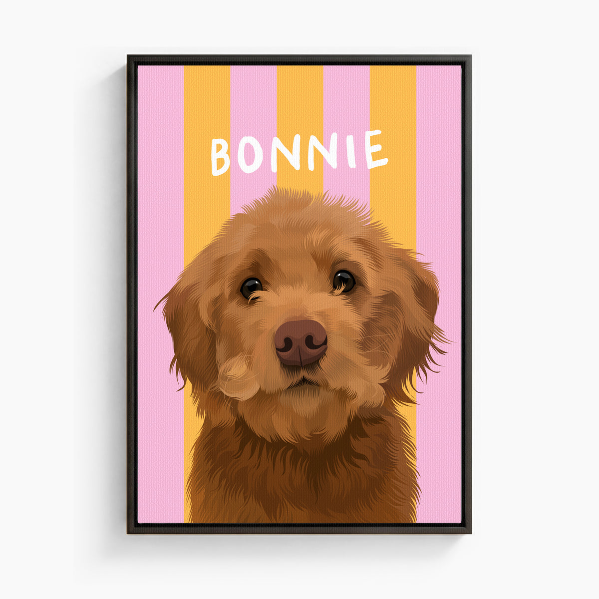 Stripy custom pet portrait canvas in Sorbet Orange, black frame