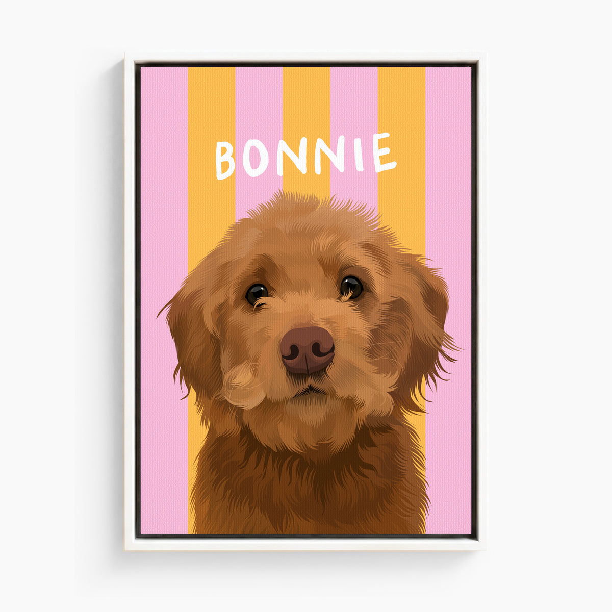Stripy custom pet portrait canvas in Sorbet Orange, white frame