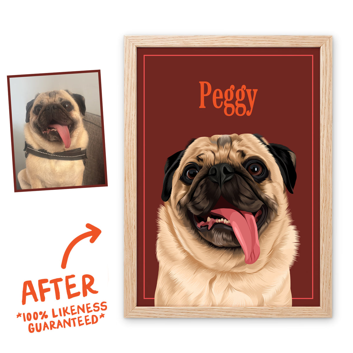 Coffee Breakfast Club pet portrait of Peggy in a light birch frame, before and after, 100% likeness guaranteed