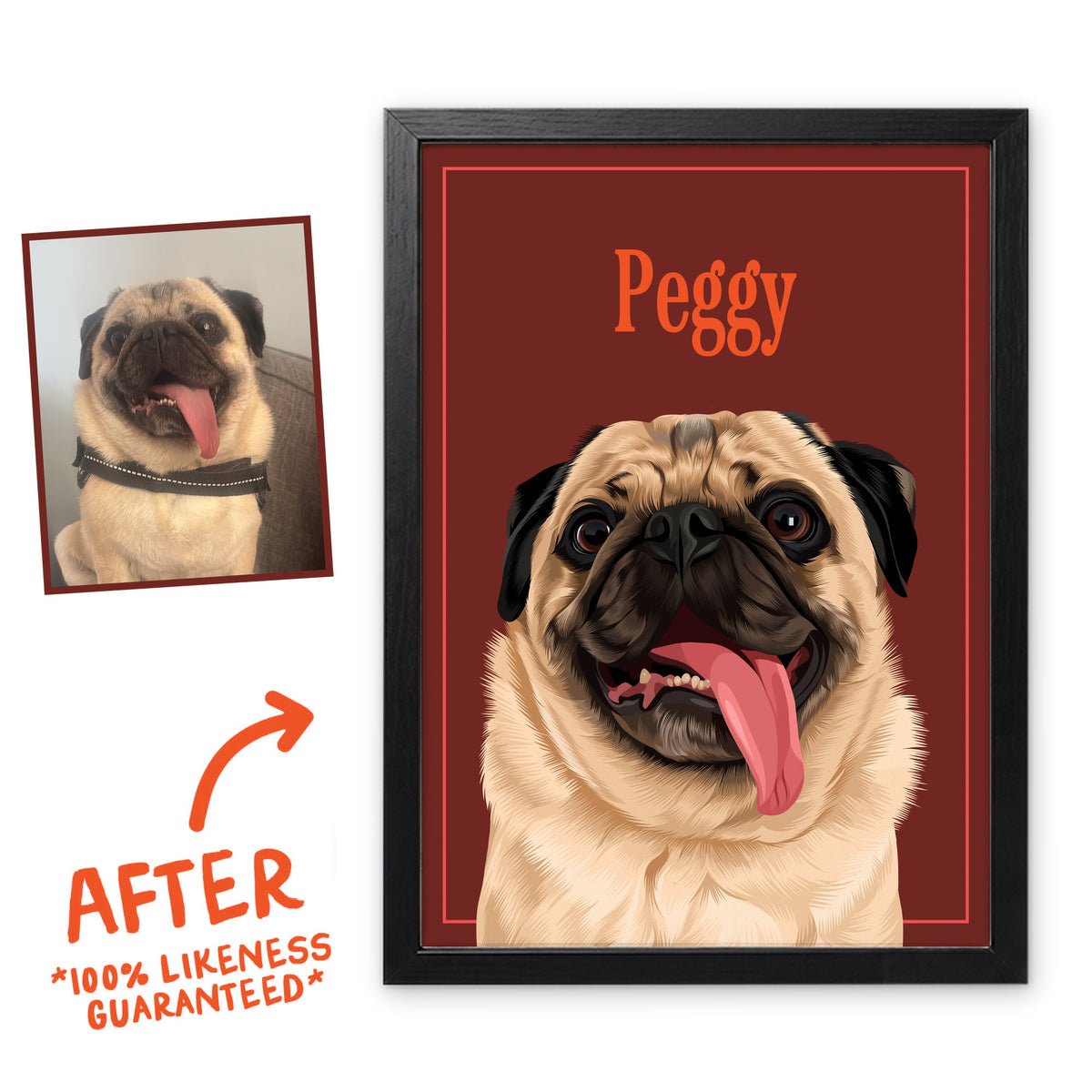 Coffee Breakfast Club pet portrait of Peggy in a black frame, before and after, 100% likeness guaranteed