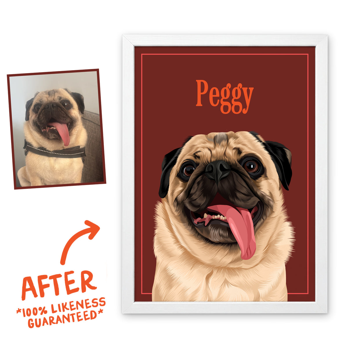 Coffee Breakfast Club pet portrait of Peggy in a white frame, before and after, 100% likeness guaranteed