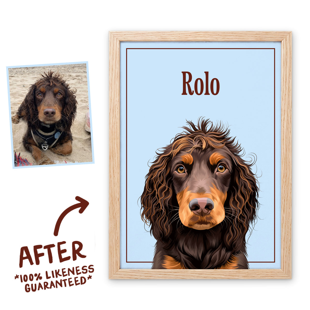 Ice Cube Breakfast Club pet portrait of Rolo in a light birch frame, before and after, 100% likeness guaranteed