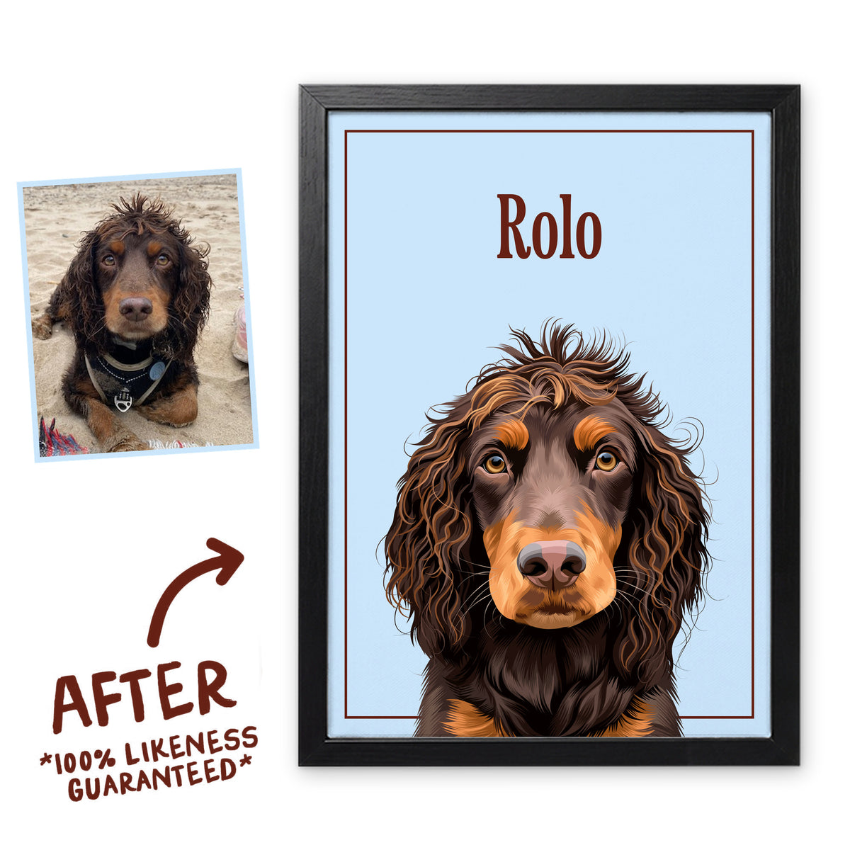Ice Cube Breakfast Club pet portrait of Rolo in a black frame, before and after, 100% likeness guaranteed