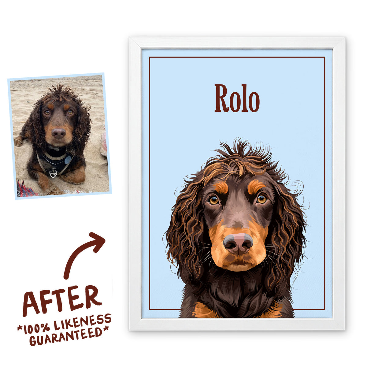 Ice Cube Breakfast Club pet portrait of Rolo in a white frame, before and after, 100% likeness guaranteed