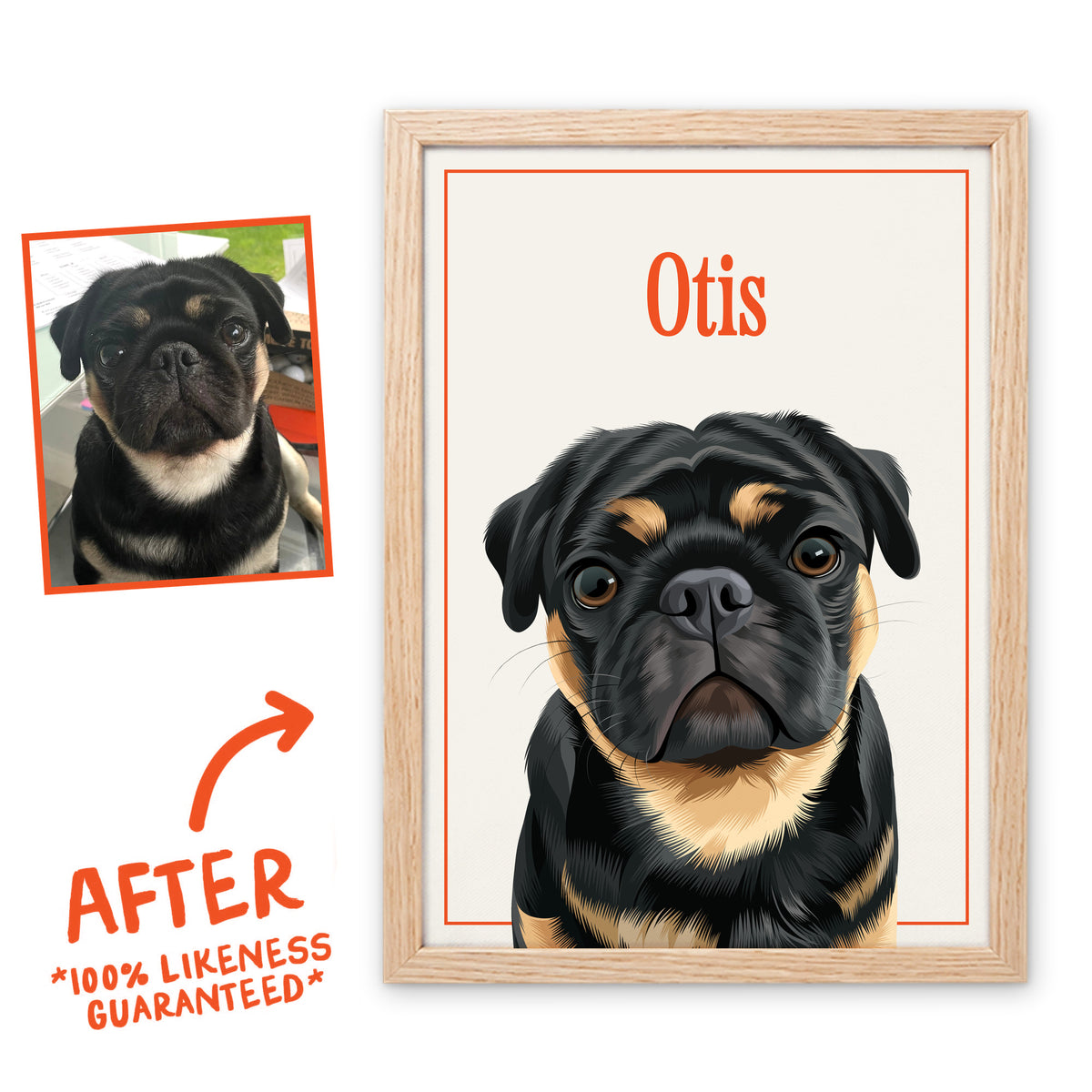 Oat Milk Breakfast Club pet portrait of Otis in a light birch frame, before and after, 100% likeness guaranteed