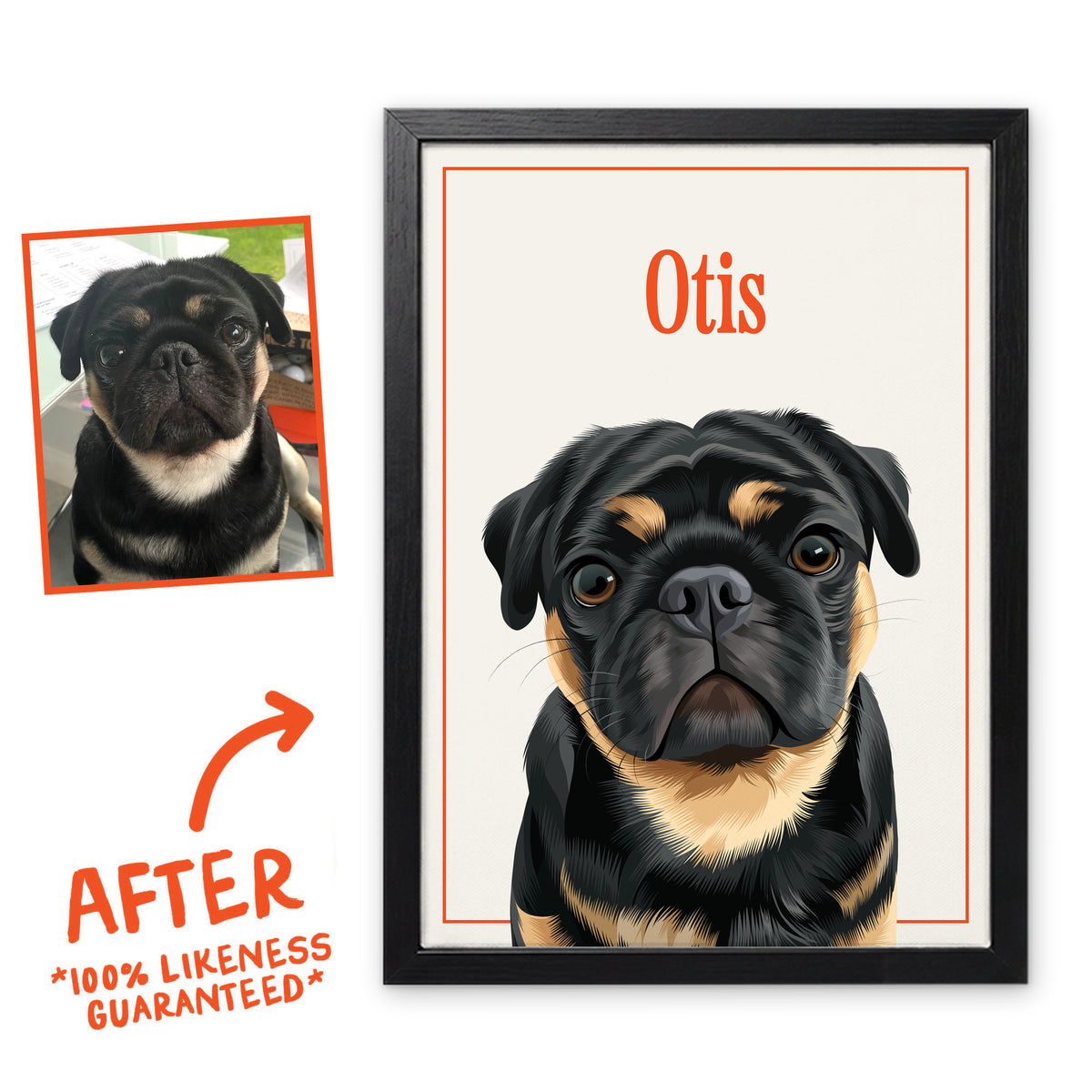 Oat Milk Breakfast Club pet portrait of Otis in a black frame, before and after, 100% likeness guaranteed