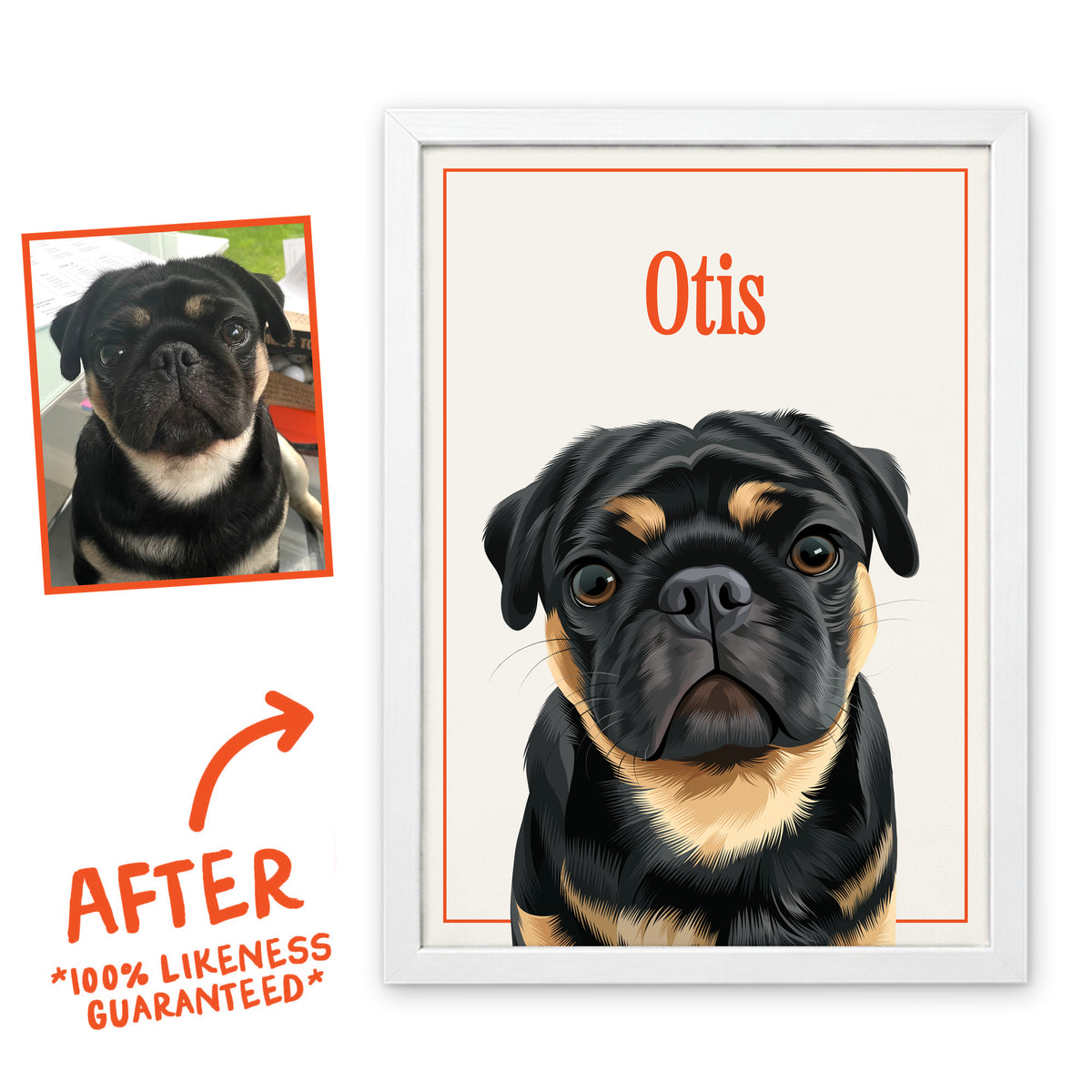 Oat Milk Breakfast Club pet portrait of Otis in a white frame, before and after, 100% likeness guaranteed