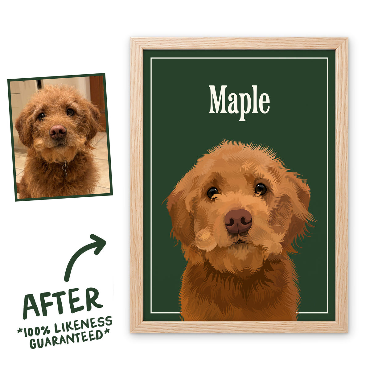 Spinach Green Breakfast Club pet portrait of Maple in a light birch frame, before and after, 100% likeness guaranteed