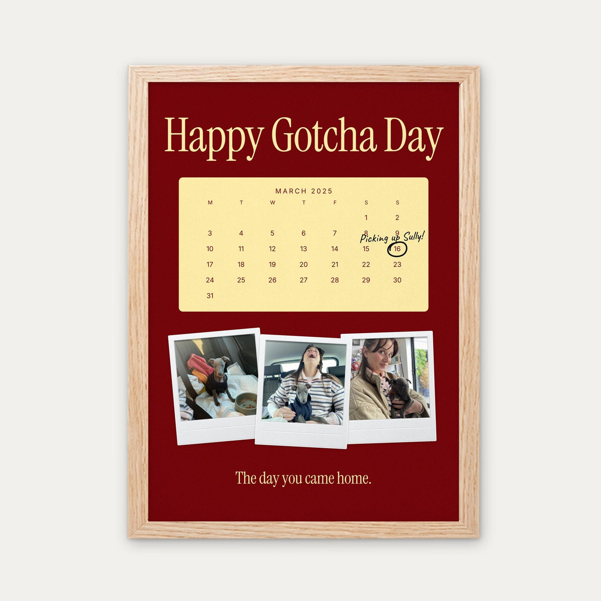 Anniversary calendar pet photo print, Cherry & Butter, light wood frame