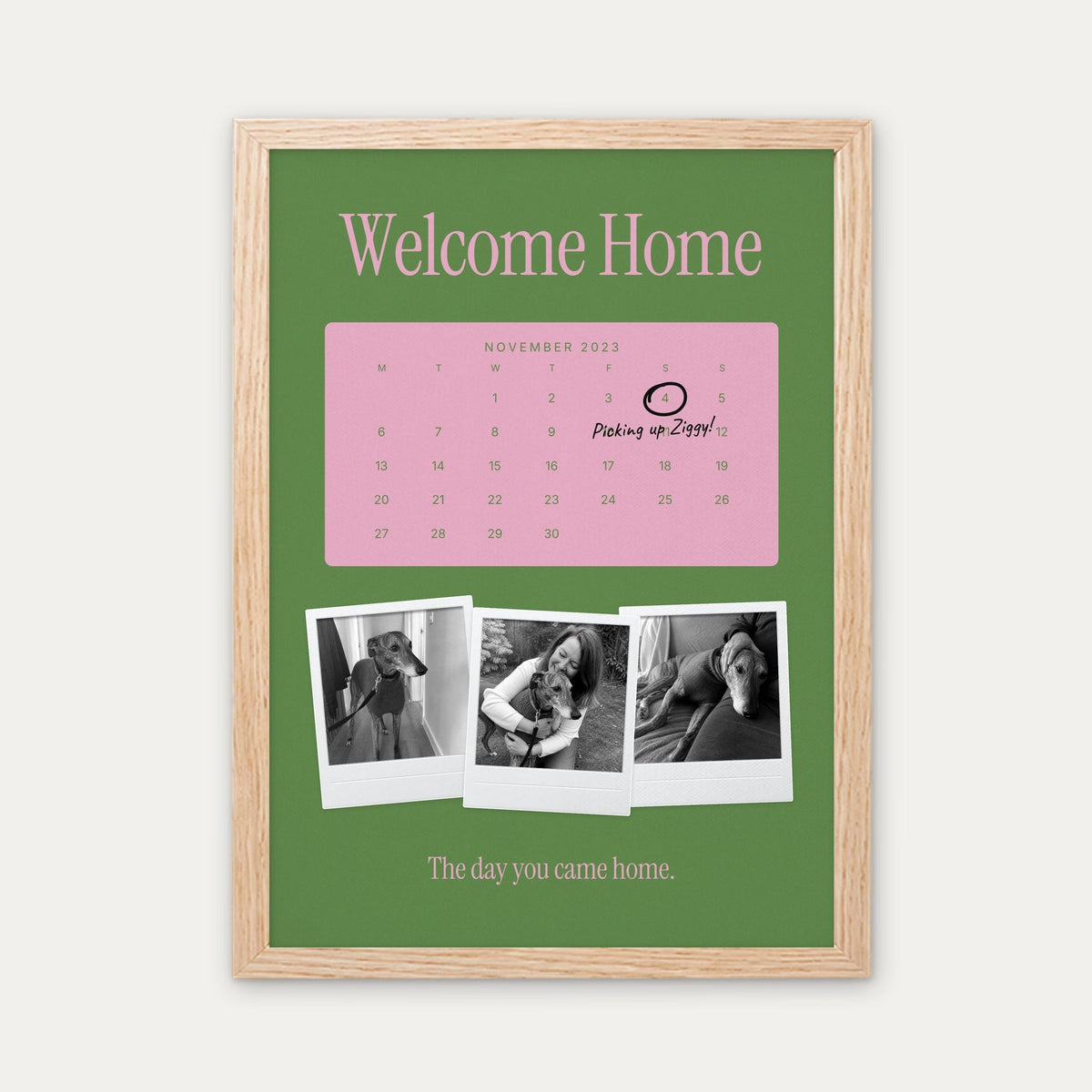 Anniversary calendar pet photo print, Lawn & Gum, light wood frame