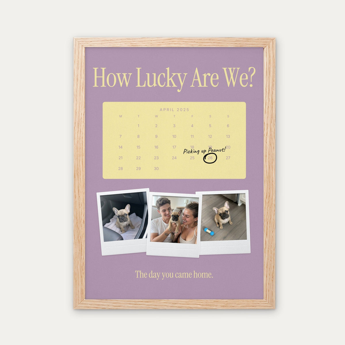 Anniversary calendar pet photo print, Lilac & Butter, light wood frame