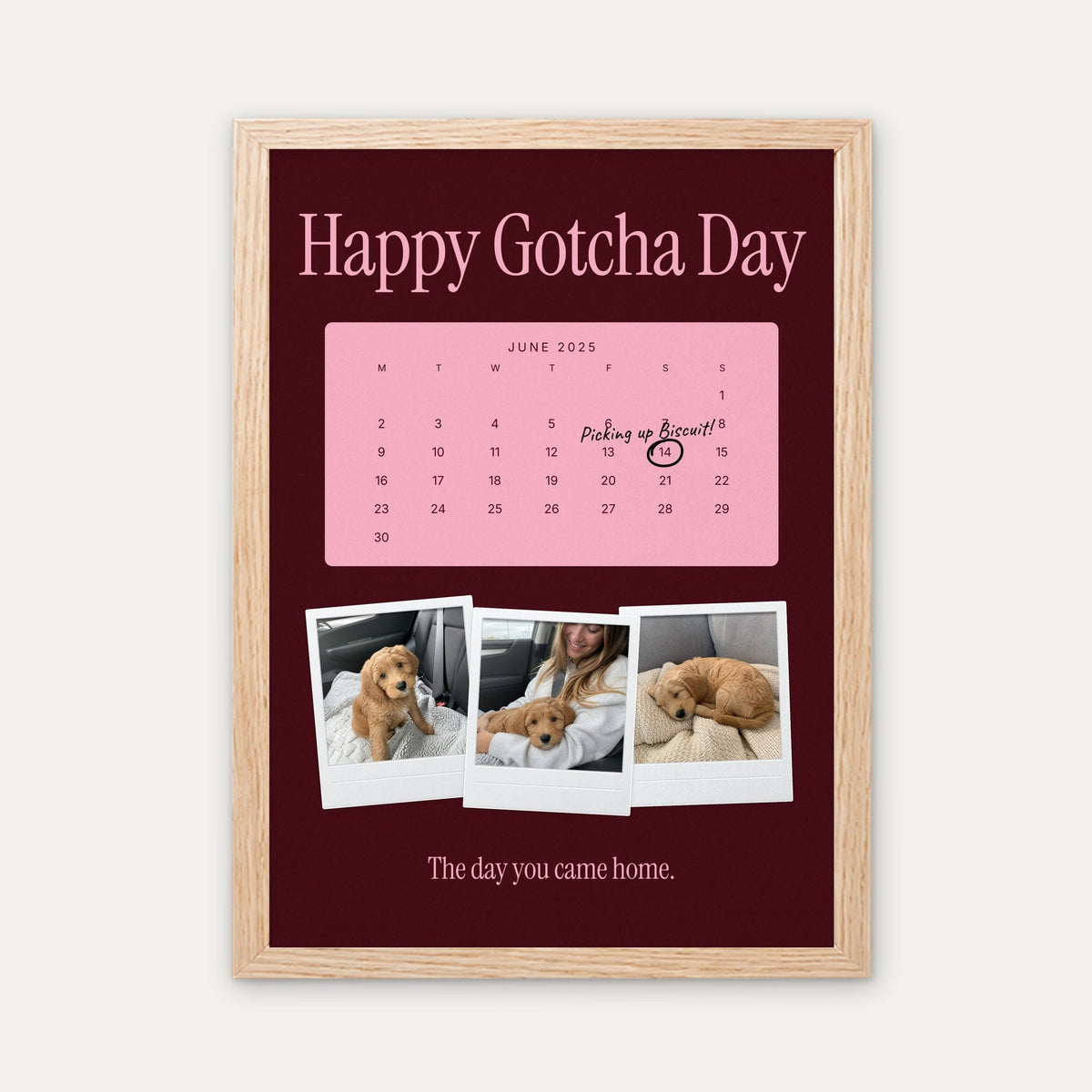 Anniversary calendar pet photo print, Maroon & Pink, light wood frame
