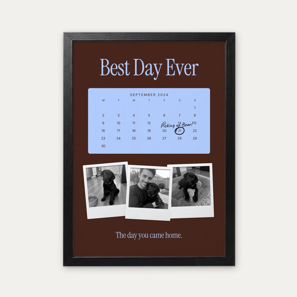 Anniversary calendar pet photo print, Milk Chocolate & Sky, black frame