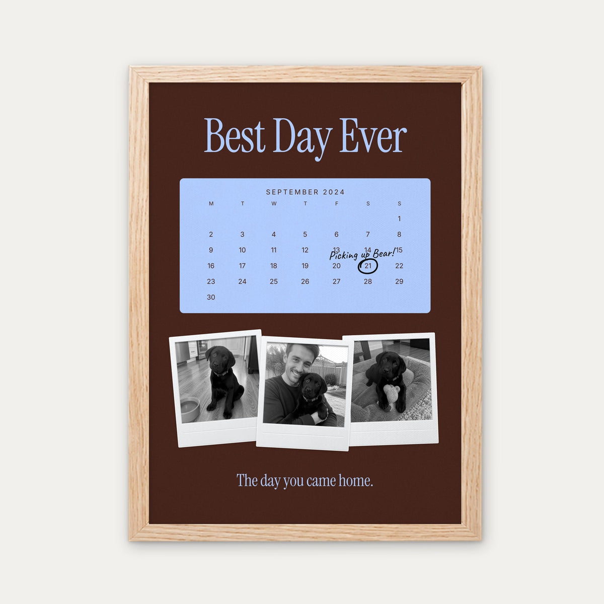 Anniversary calendar pet photo print, Milk Chocolate & Sky, light wood frame