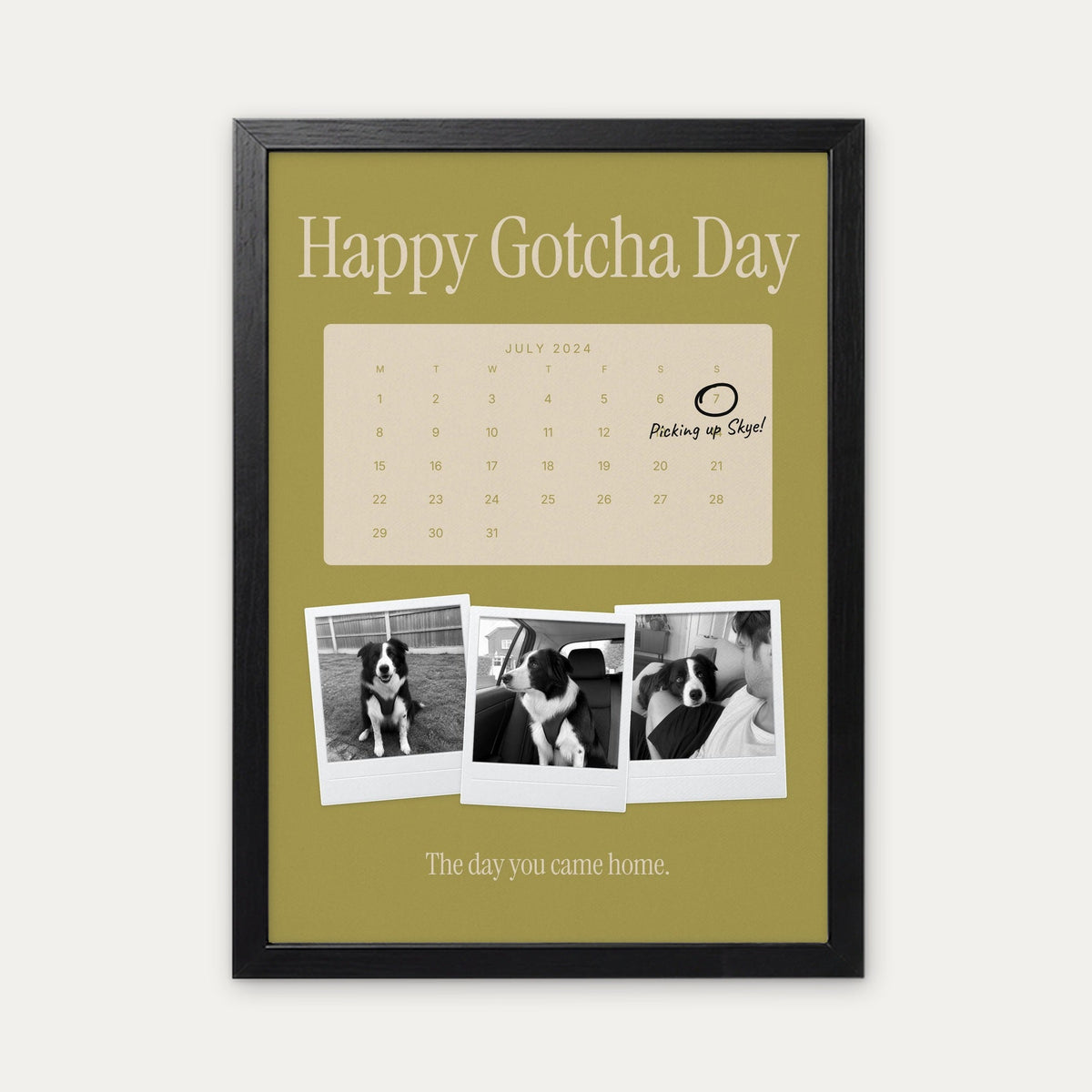 Anniversary calendar pet photo print, Olives & Sand, black frame