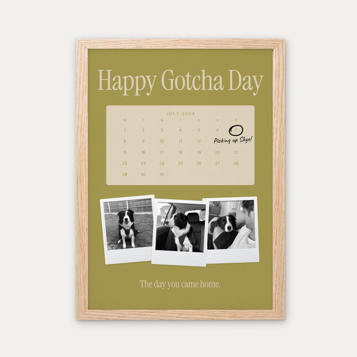 Anniversary calendar pet photo print, Olives & Sand, light wood frame