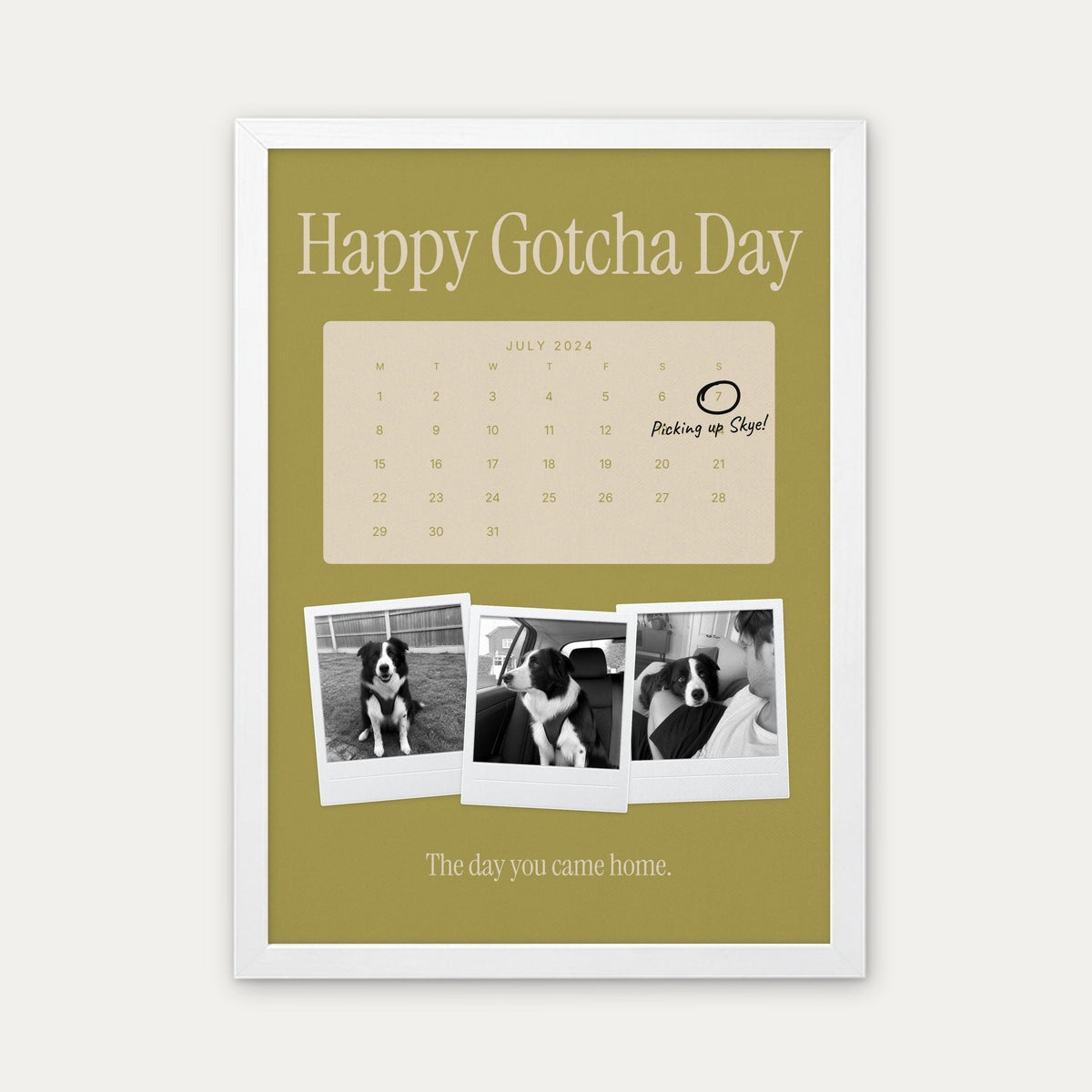 Anniversary calendar pet photo print, Olives & Sand, white frame
