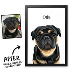 Bone White Classic pet portrait of Otis in a black frame, before and after, 100% likeness guaranteed
