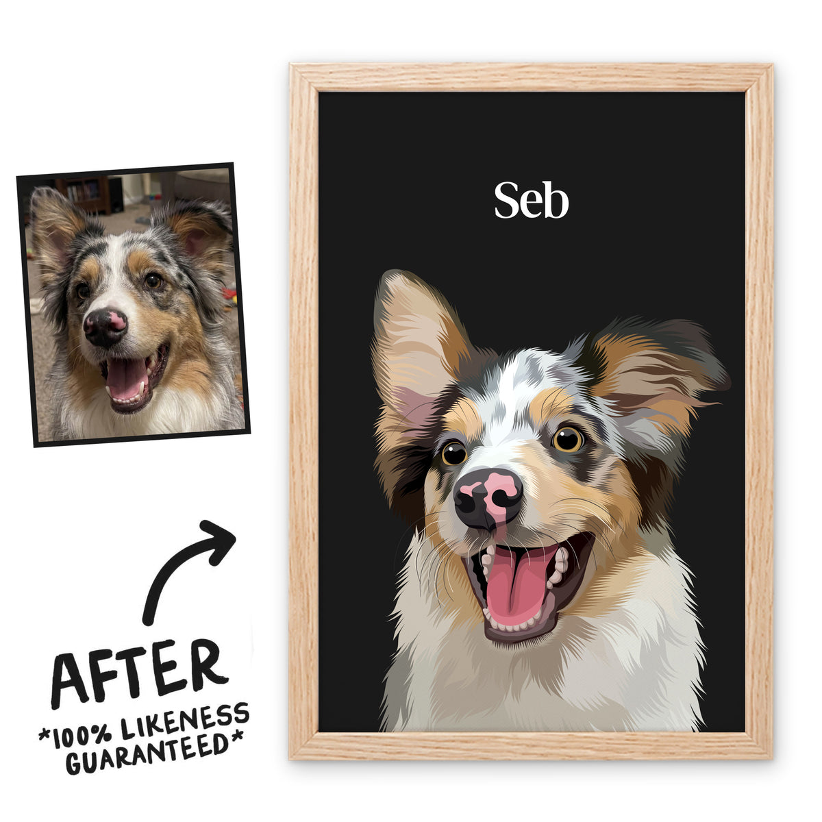 Charcoal Classic pet portrait of Seb in a light birch frame, before and after, 100% likeness guaranteed