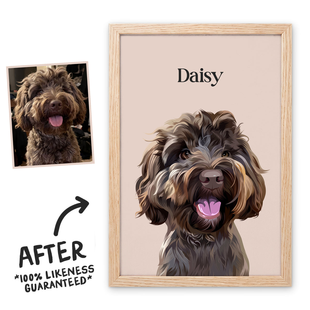 Dusty Pink Classic pet portrait of Daisy in a light birch frame, before and after, 100% likeness guaranteed