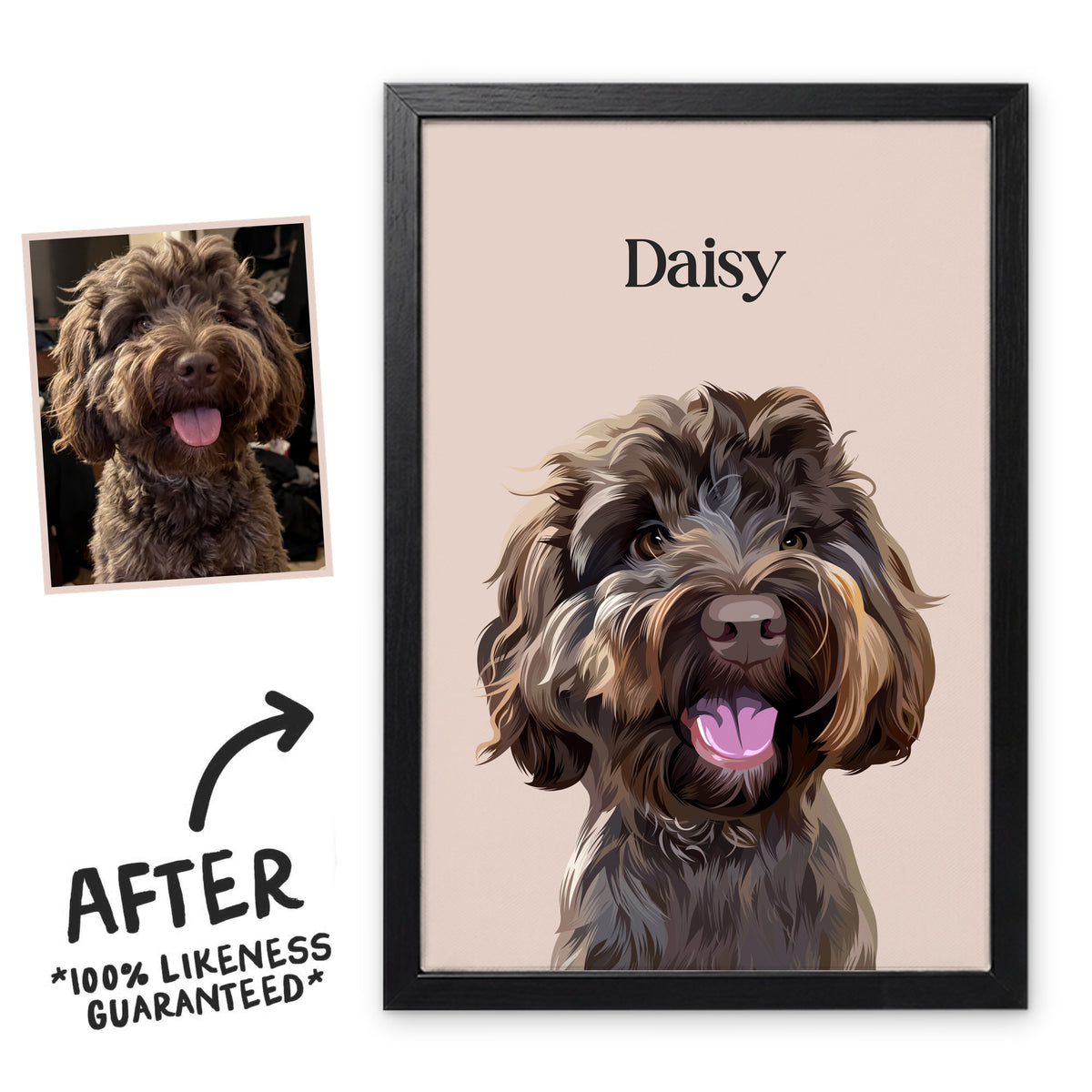 Dusty Pink Classic pet portrait of Daisy in a black frame, before and after, 100% likeness guaranteed