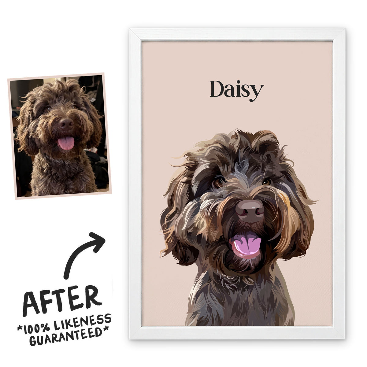 Dusty Pink Classic pet portrait of Daisy in a white frame, before and after, 100% likeness guaranteed