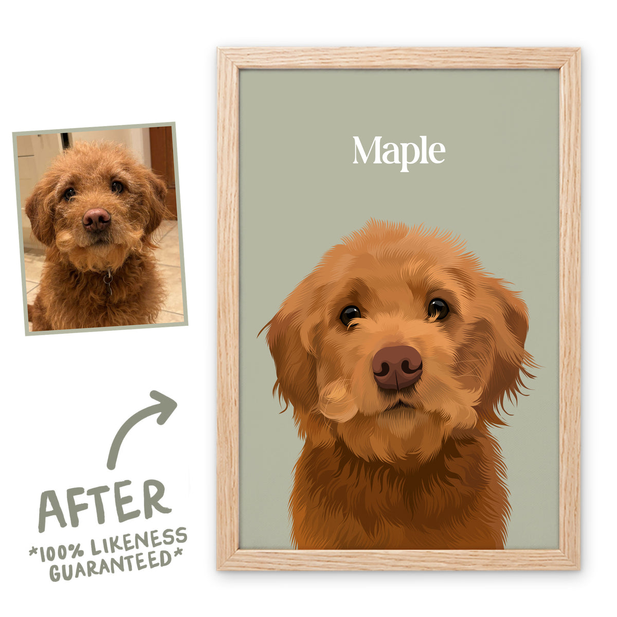 Sage Classic pet portrait of Maple in a light birch frame, before and after, 100% likeness guaranteed