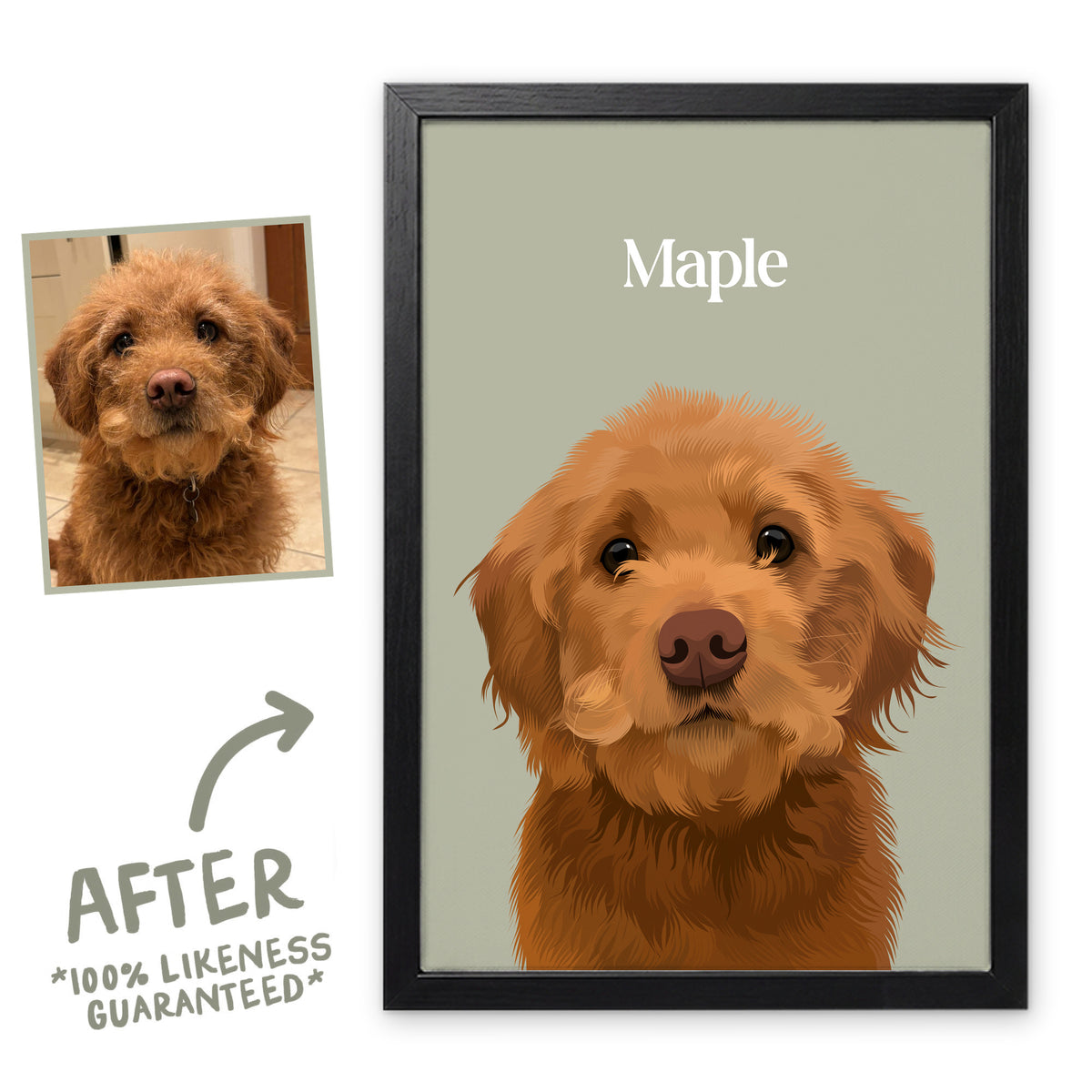 Sage Classic pet portrait of Maple in a black frame, before and after, 100% likeness guaranteed