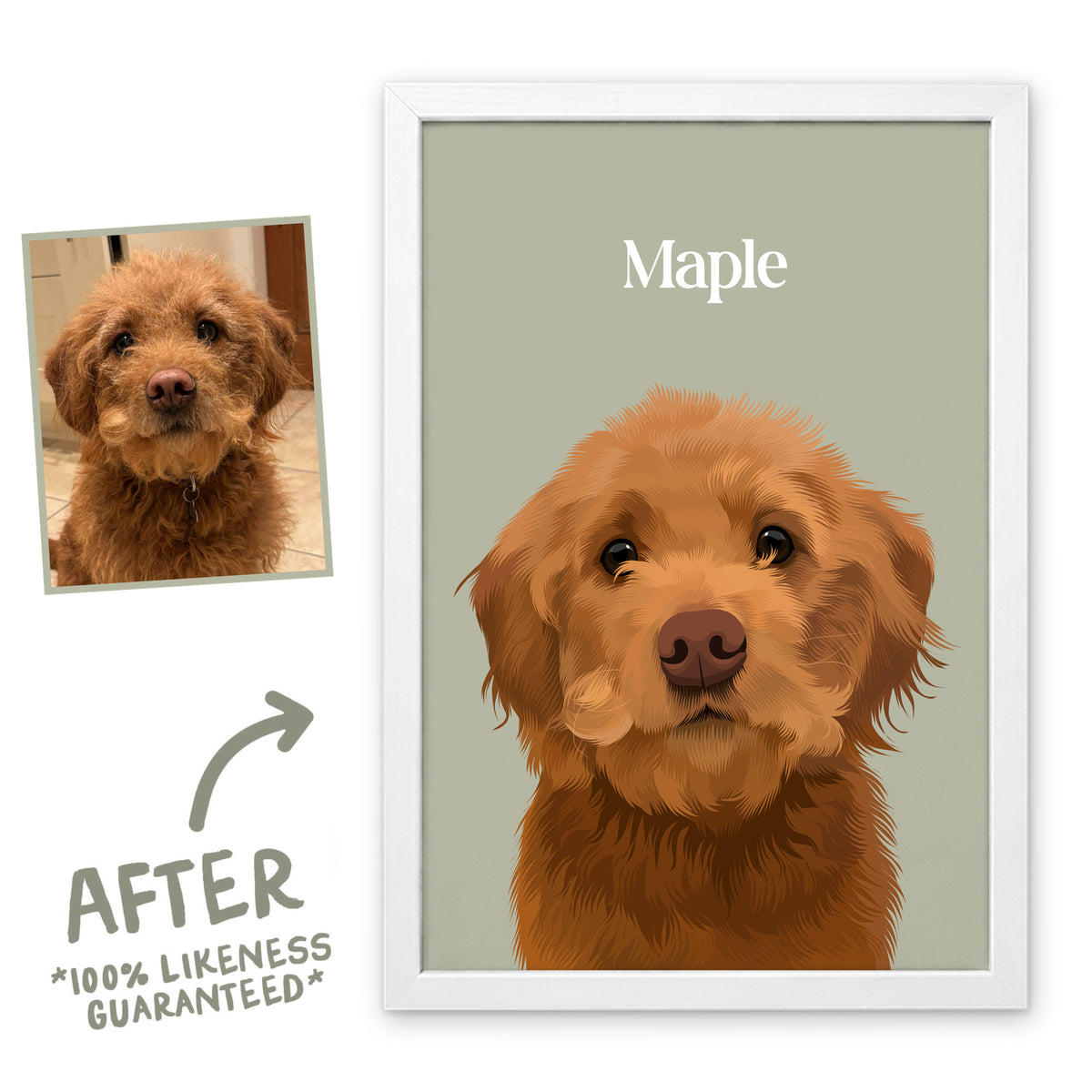Sage Classic pet portrait of Maple in a white frame, before and after, 100% likeness guaranteed