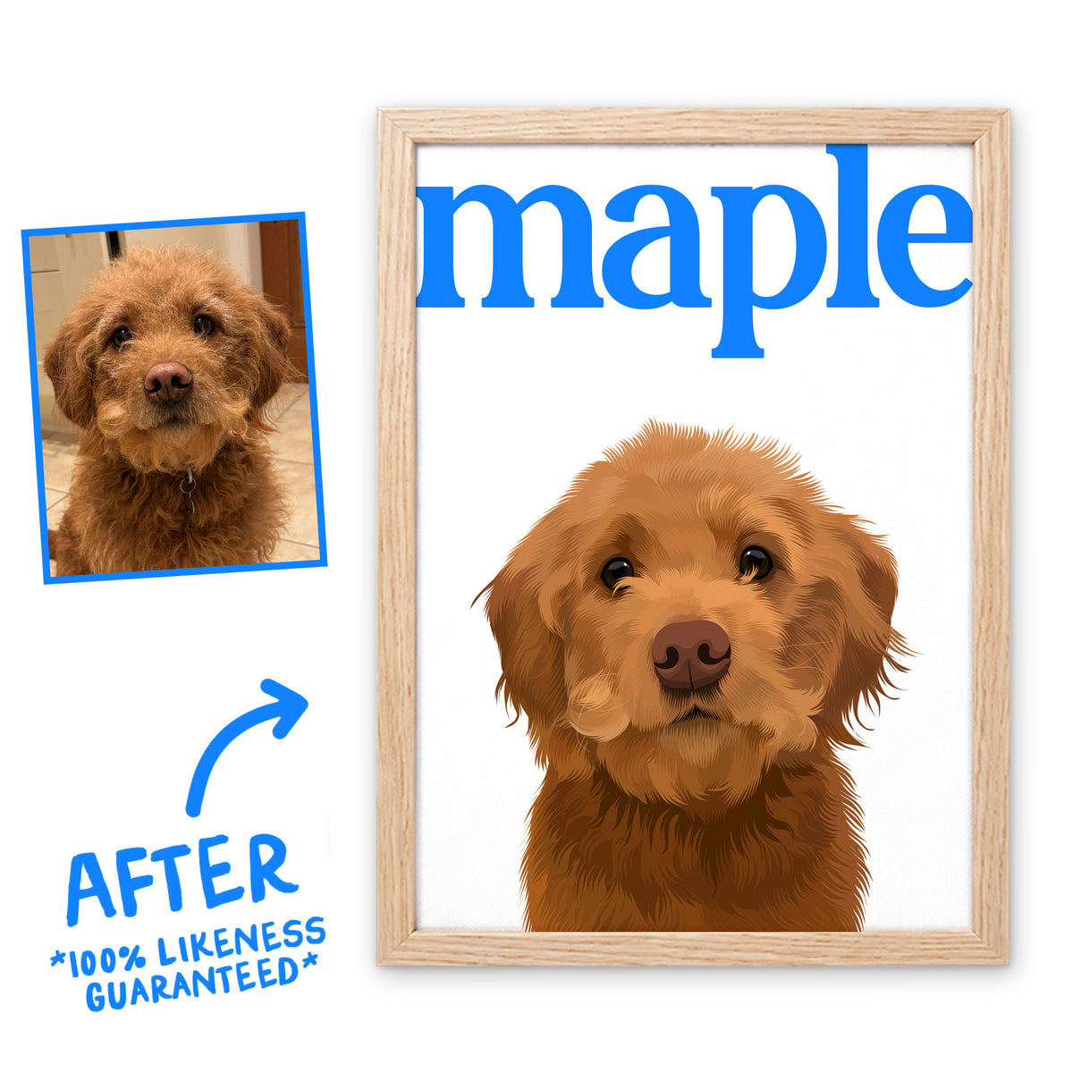 Blue & White Editorial pet portrait of Maple in a light birch frame, before and after, 100% likeness guaranteed