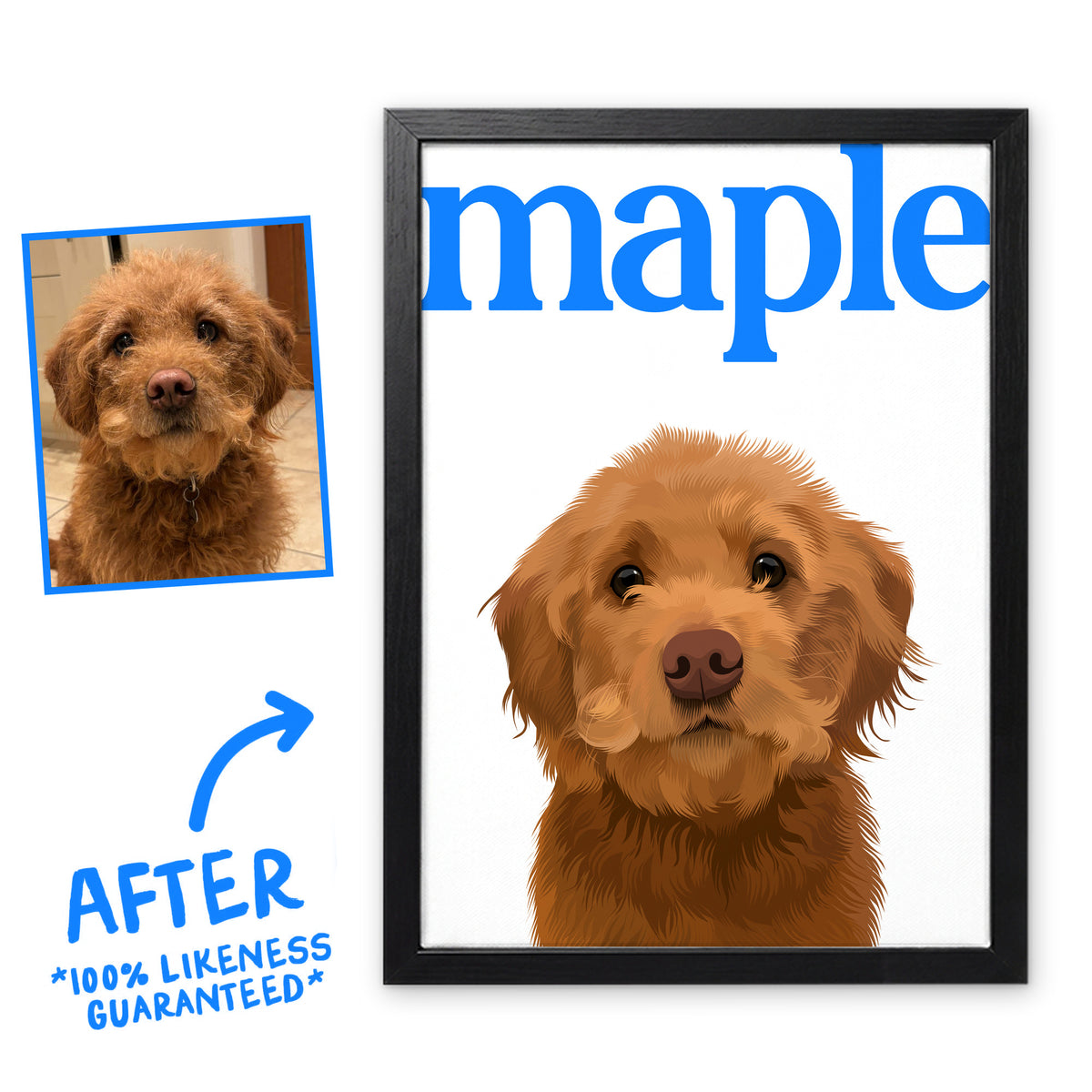 Blue & White Editorial pet portrait of Maple in a black frame, before and after, 100% likeness guaranteed