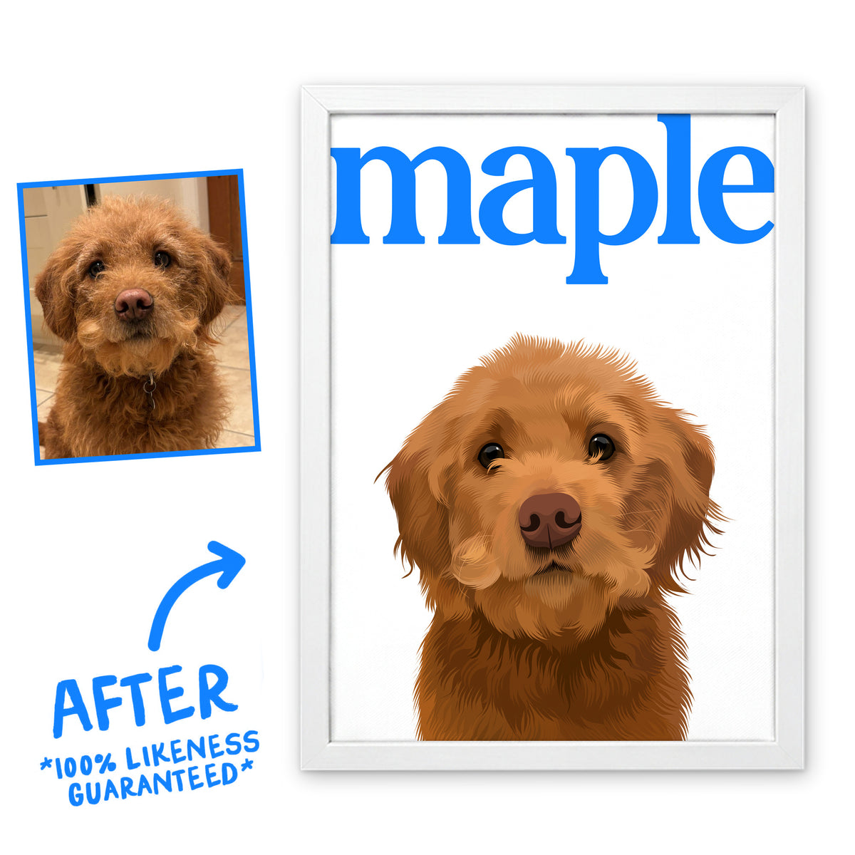 Blue & White Editorial pet portrait of Maple in a white frame, before and after, 100% likeness guaranteed